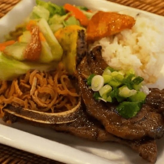 77. Grilled Pork Chop, Shredded Pork & Pork Pie with Steamed Rice / Cơm Sườn Bì Chả.