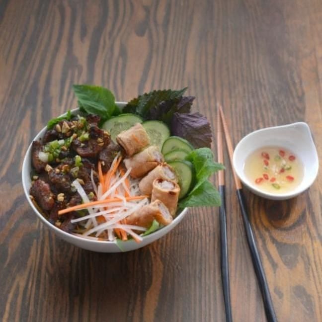 55. Vermicelli with Grilled Pork Meatballs & Fried Spring Rolls / Bún Nem Nướng Chả Giò.
