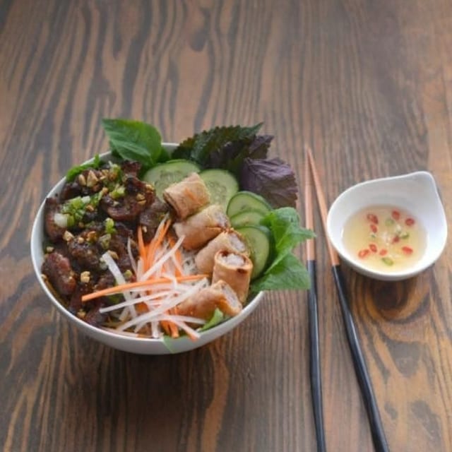 55. Vermicelli with Grilled Pork Meatballs & Fried Spring Rolls / Bún Nem Nướng Chả Giò.