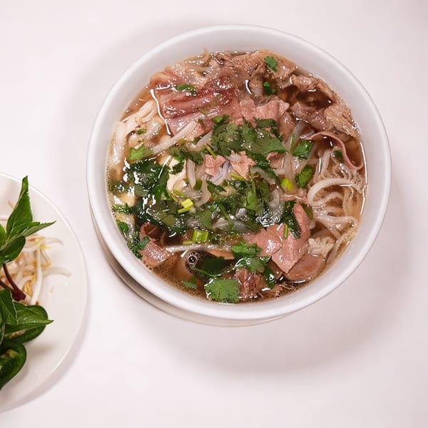 A bowl of Saigon Pho's Vietnamese pho with beef, noodles, and herbs, with a side of bean sprouts.